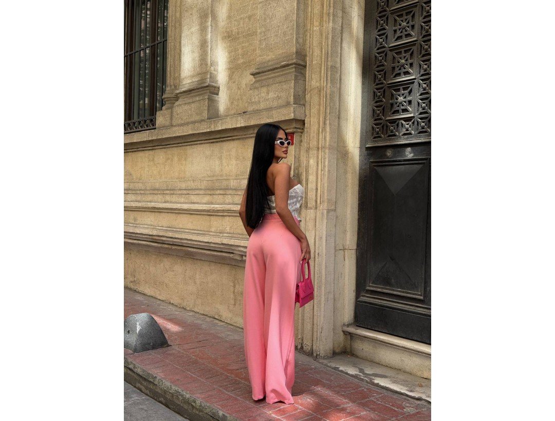 Palazzo Yanlar Düğme Detaylı Salaş Double Kumaş Pantolon Pembe Palazzo Yanlar Düğme Detaylı Salaş Double Kumaş Pantolon Pembe