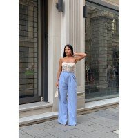 Palazzo Yanlar Düğme Detaylı Salaş Double Kumaş Pantolon Bebe Mavisi Palazzo Yanlar Düğme Detaylı Salaş Double Kumaş Pantolon Bebe Mavisi