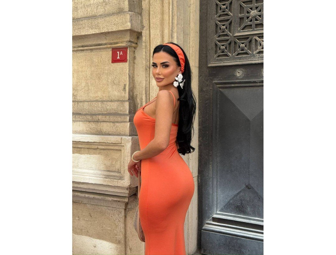 Kristal Fabric  Maxi Boy Balık Elbise Bandana Detay Long Dress Turuncu