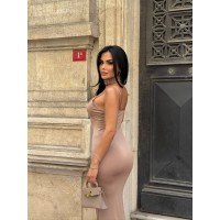 Kristal Fabric  Maxi Boy Balık Elbise Bandana Detay Long Dress Bej