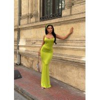 Kristal Fabric  Maxi Boy Balık Elbise Bandana Detay Long Dress Yeşil
