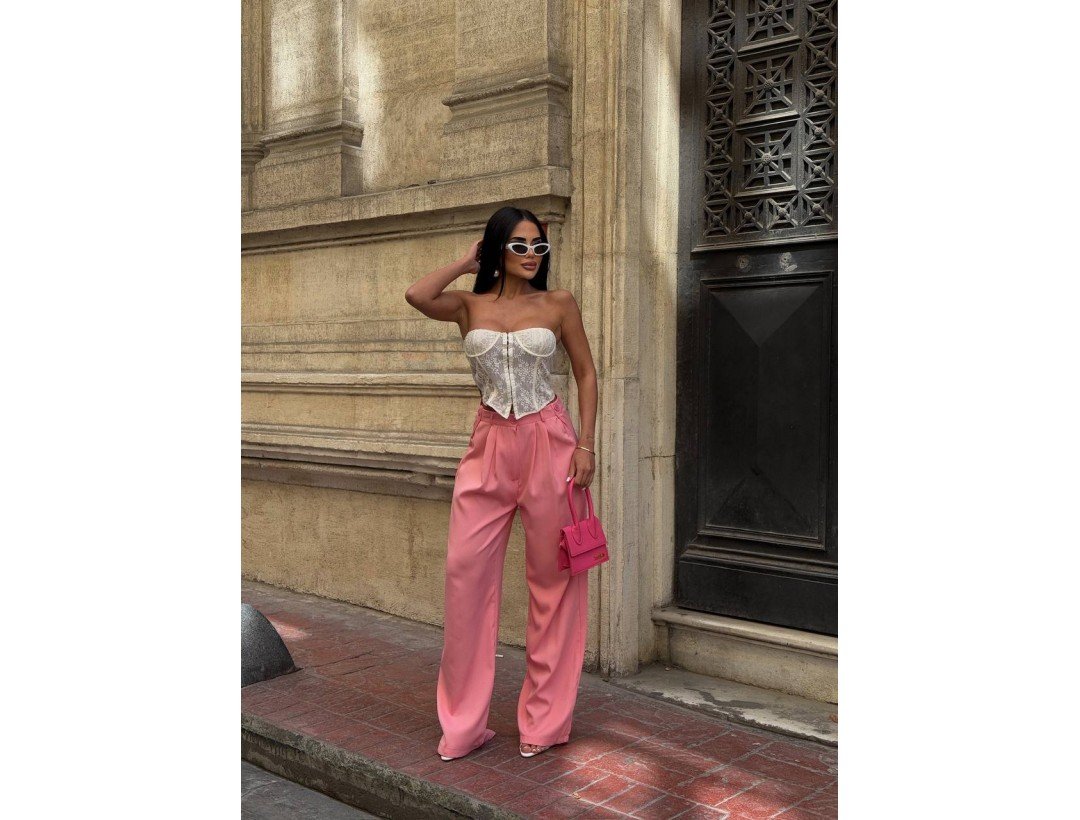 Palazzo Yanlar Düğme Detaylı Salaş Double Kumaş Pantolon Pembe Palazzo Yanlar Düğme Detaylı Salaş Double Kumaş Pantolon Pembe