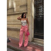 Palazzo Yanlar Düğme Detaylı Salaş Double Kumaş Pantolon Pembe Palazzo Yanlar Düğme Detaylı Salaş Double Kumaş Pantolon Pembe