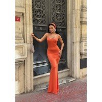 Kristal Fabric  Maxi Boy Balık Elbise Bandana Detay Long Dress Turuncu