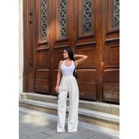 Palazzo Yanlar Düğme Detaylı Salaş Double Kumaş Pantolon Beyaz Palazzo Yanlar Düğme Detaylı Salaş Double Kumaş Pantolon Beyaz