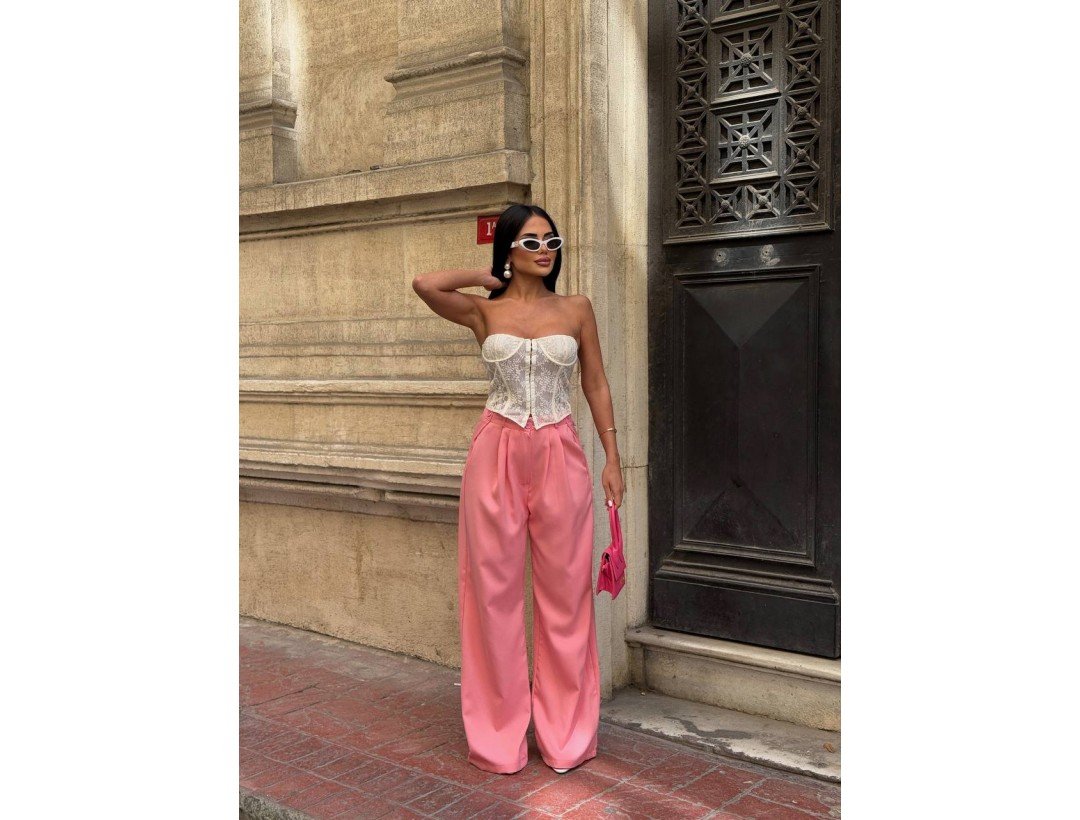 Palazzo Yanlar Düğme Detaylı Salaş Double Kumaş Pantolon Pembe Palazzo Yanlar Düğme Detaylı Salaş Double Kumaş Pantolon Pembe
