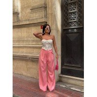 Palazzo Yanlar Düğme Detaylı Salaş Double Kumaş Pantolon Pembe Palazzo Yanlar Düğme Detaylı Salaş Double Kumaş Pantolon Pembe