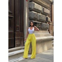 Palazzo Yanlar Düğme Detaylı Salaş Double Kumaş Pantolon Sarı Palazzo Yanlar Düğme Detaylı Salaş Double Kumaş Pantolon Sarı