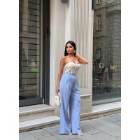 Palazzo Yanlar Düğme Detaylı Salaş Double Kumaş Pantolon Bebe Mavisi Palazzo Yanlar Düğme Detaylı Salaş Double Kumaş Pantolon Bebe Mavisi