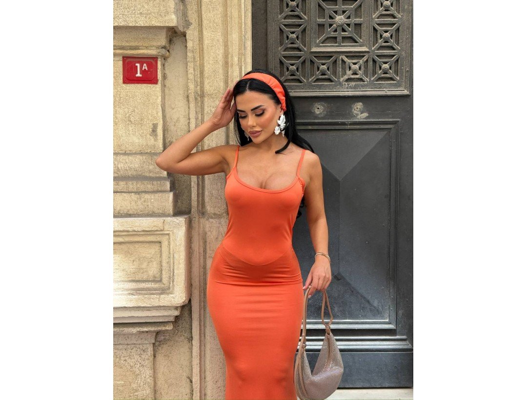 Kristal Fabric  Maxi Boy Balık Elbise Bandana Detay Long Dress Turuncu