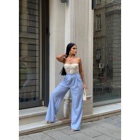Palazzo Yanlar Düğme Detaylı Salaş Double Kumaş Pantolon Bebe Mavisi Palazzo Yanlar Düğme Detaylı Salaş Double Kumaş Pantolon Bebe Mavisi