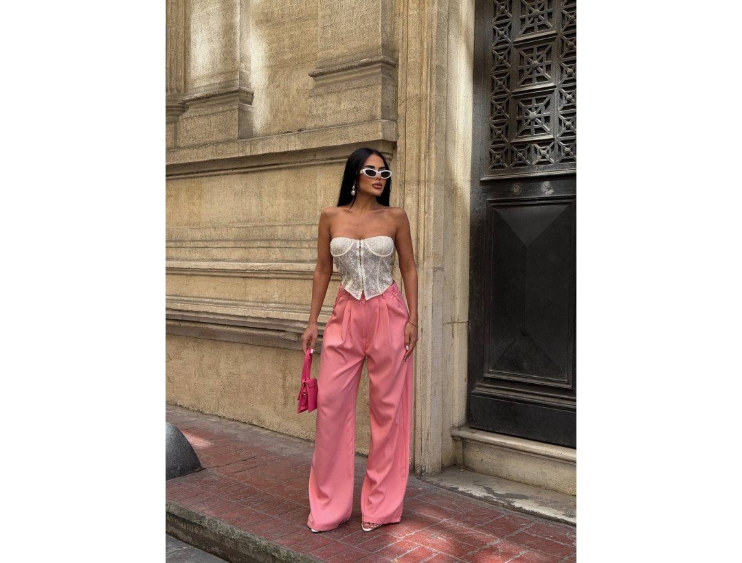 Palazzo Yanlar Düğme Detaylı Salaş Double Kumaş Pantolon Pembe Palazzo Yanlar Düğme Detaylı Salaş Double Kumaş Pantolon Pembe