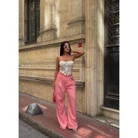 Palazzo Yanlar Düğme Detaylı Salaş Double Kumaş Pantolon Pembe Palazzo Yanlar Düğme Detaylı Salaş Double Kumaş Pantolon Pembe