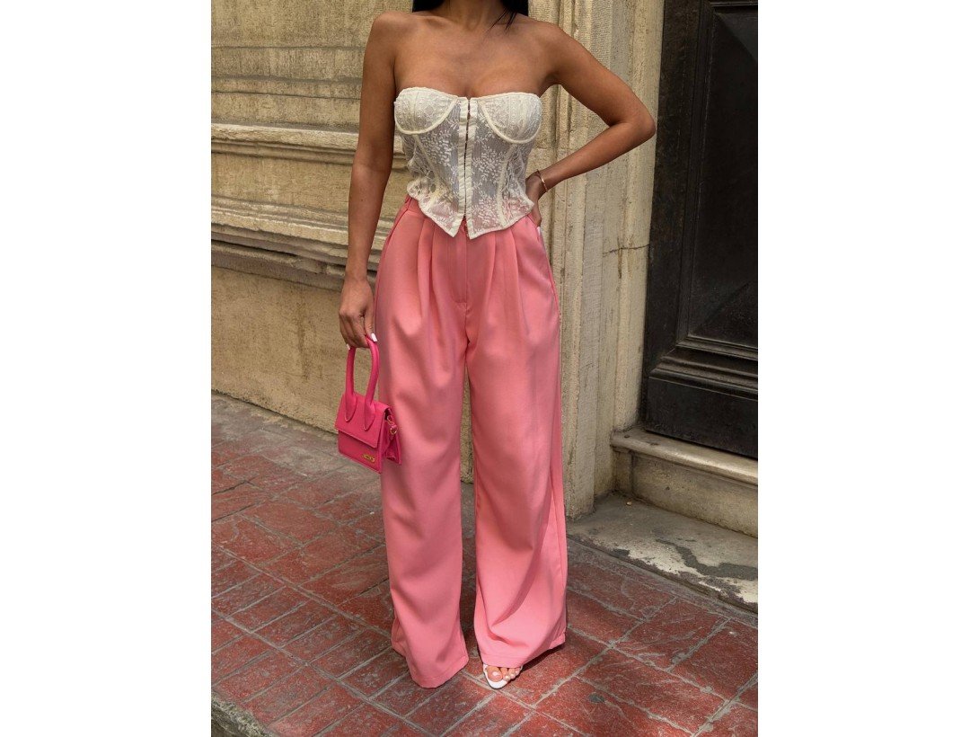 Palazzo Yanlar Düğme Detaylı Salaş Double Kumaş Pantolon Pembe Palazzo Yanlar Düğme Detaylı Salaş Double Kumaş Pantolon Pembe